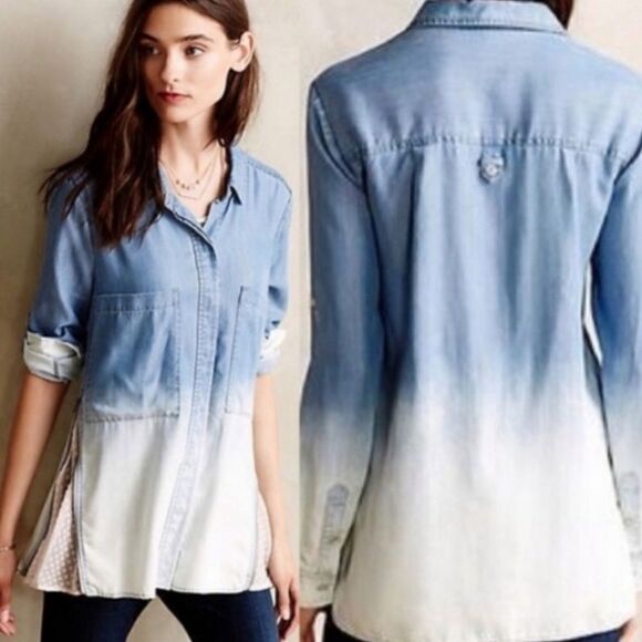 Anthropologie Holding Horses Blue Ombre Dip Dye Chambrey LS Button Up Shirt - Picture 12 of 12
